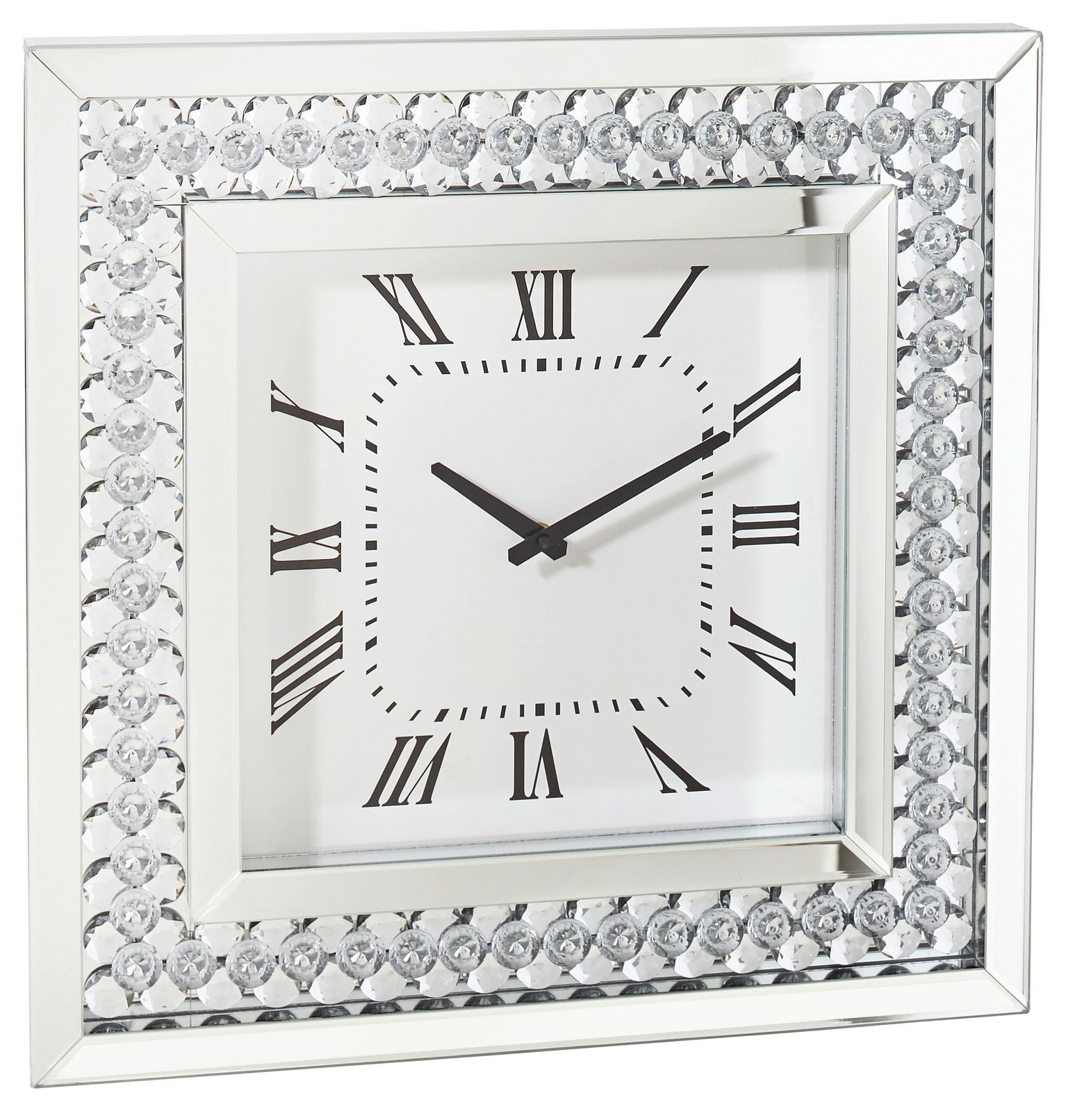 Quadratische Wanduhr mit römischen Ziffern und glitzerndem Rahmen, Frontalansicht