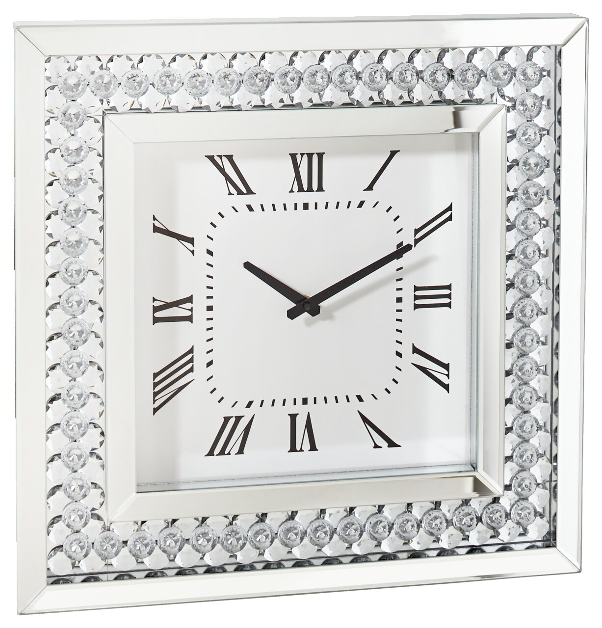 Quadratische Wanduhr mit römischen Ziffern und glitzerndem Rahmen, Frontalansicht