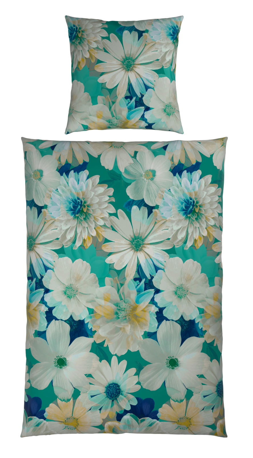 Wendebettwäsche mit großem Blumenmuster in Türkis- und Weißtönen, Ansicht von oben