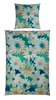 Wendebettwäsche mit großem Blumenmuster in Türkis- und Weißtönen, Ansicht von oben