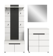 Modernes Flurmöbel-Set in Weiß mit schwarzem Mittelpanel, Garderobenpaneel mit Hutablage und Haken, Spiegel sowie Schuh-/Kommode mit schwarzen Griffleisten, Frontansicht auf weißem Hintergrund.