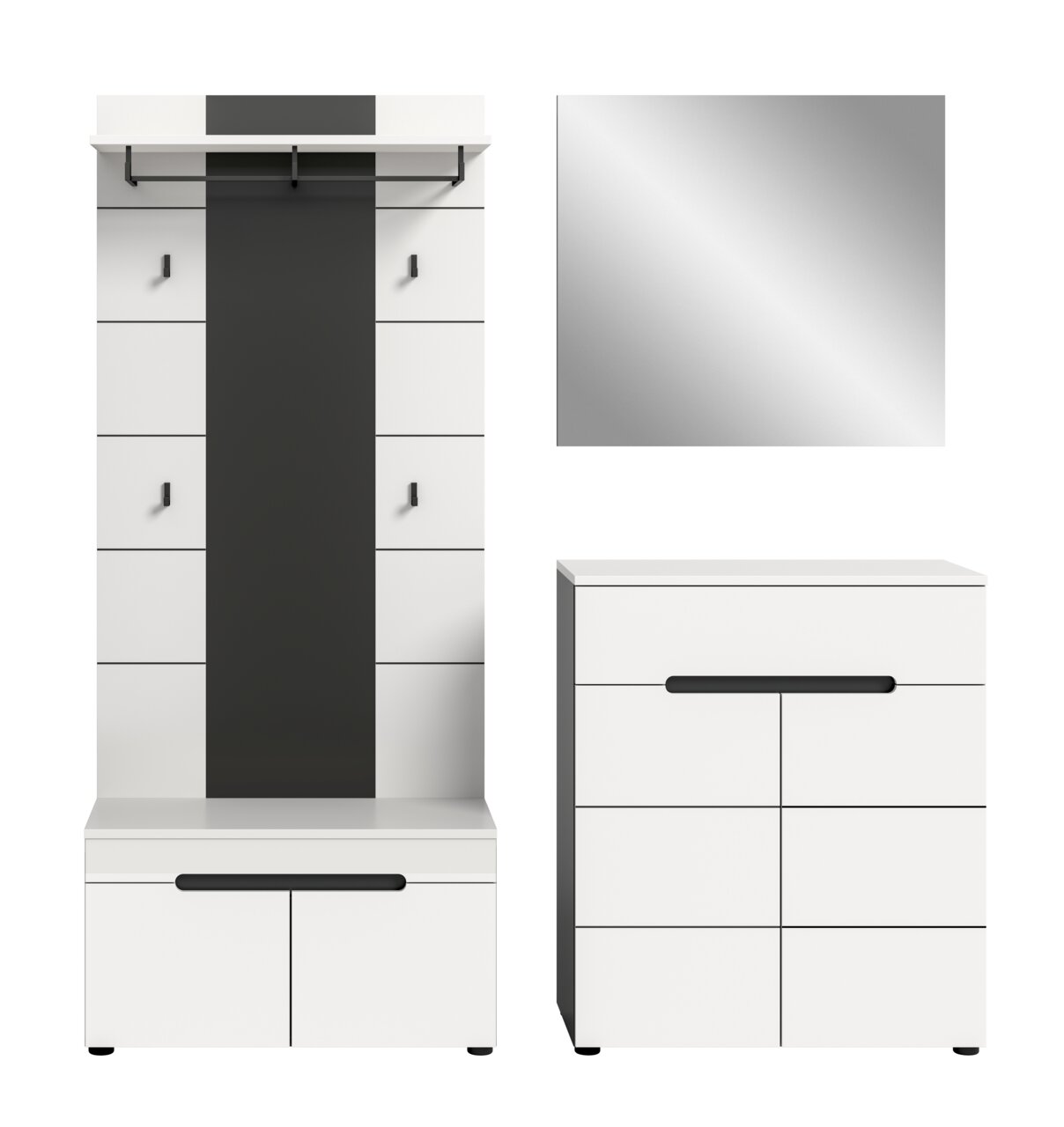 Modernes Flurmöbel-Set in Weiß mit schwarzem Mittelpanel, Garderobenpaneel mit Hutablage und Haken, Spiegel sowie Schuh-/Kommode mit schwarzen Griffleisten, Frontansicht auf weißem Hintergrund.