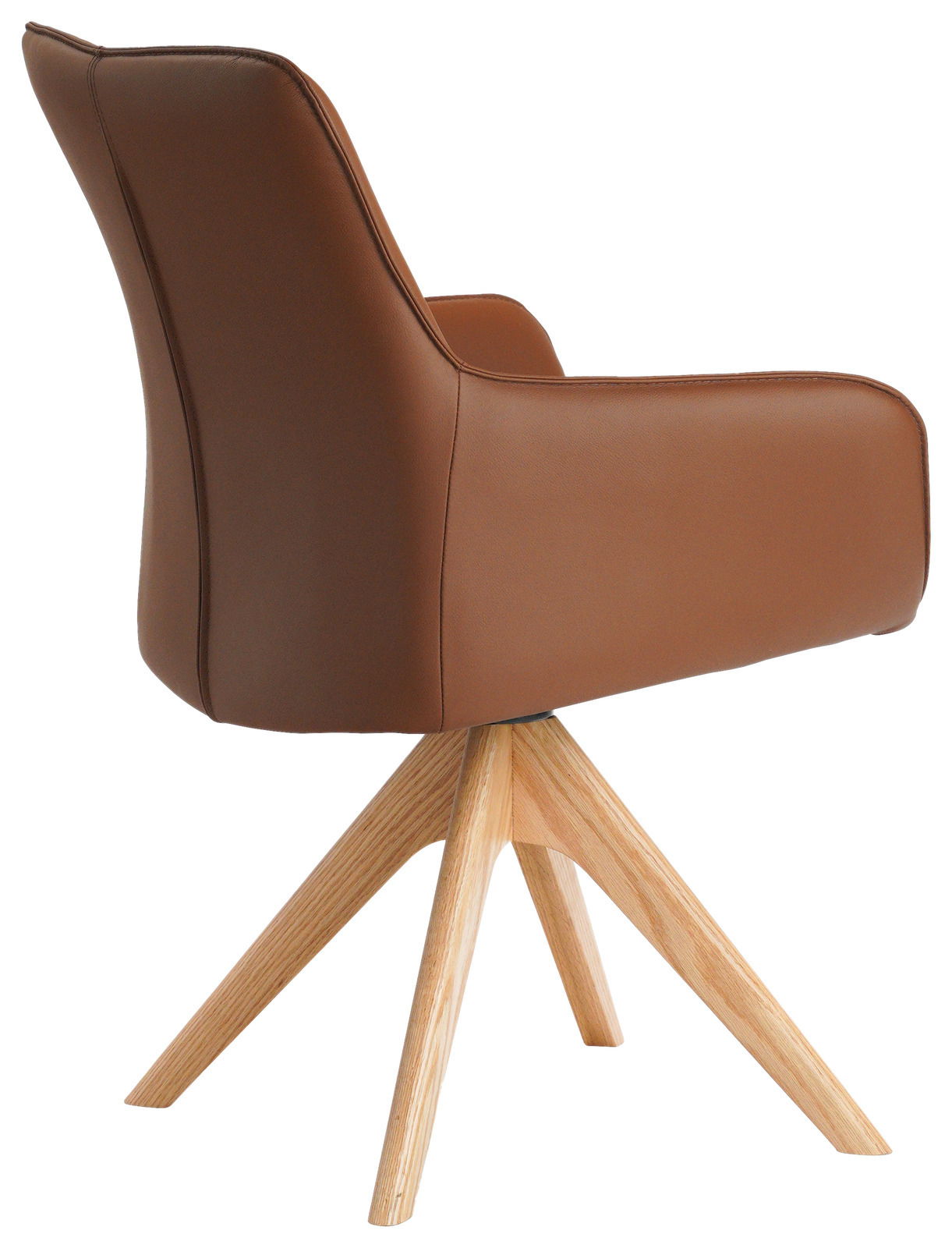 Brauner Armlehnstuhl mit Holzbeinen, seitliche Perspektive