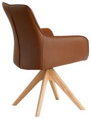 Brauner Armlehnstuhl mit Holzbeinen, seitliche Perspektive