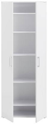 Weißer XL-Schuhschrank mit offenen Türen und mehreren Regalböden, frontale Ansicht