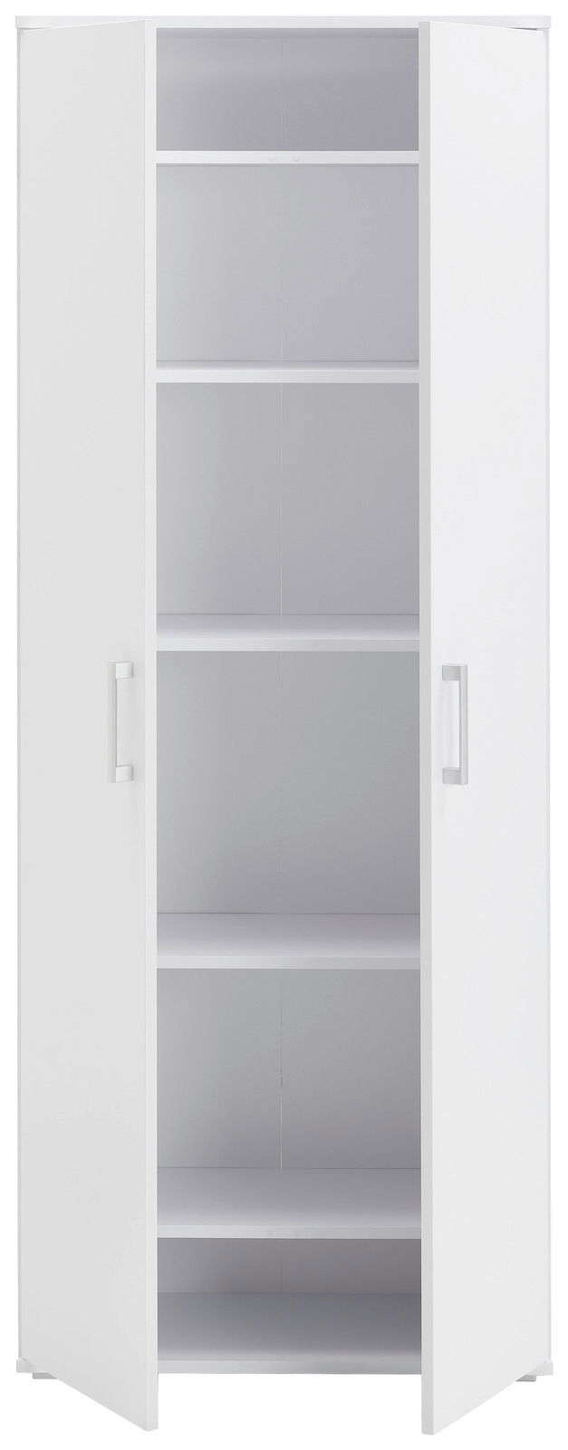 Weißer XL-Schuhschrank mit offenen Türen und mehreren Regalböden, frontale Ansicht