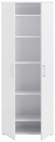 Weißer XL-Schuhschrank mit offenen Türen und mehreren Regalböden, frontale Ansicht