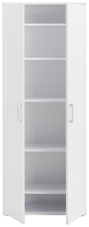 Weißer XL-Schuhschrank mit offenen Türen und mehreren Regalböden, frontale Ansicht