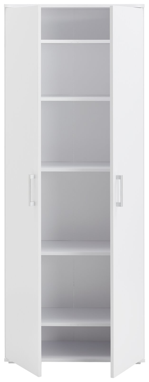 Weißer XL-Schuhschrank mit offenen Türen und mehreren Regalböden, frontale Ansicht
