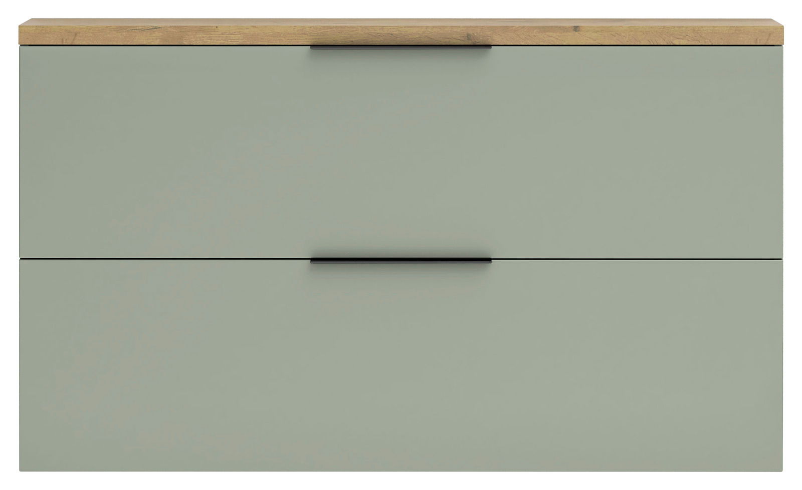 Moderner Hängeschuhschrank in Grün mit Holzoberfläche, Frontansicht