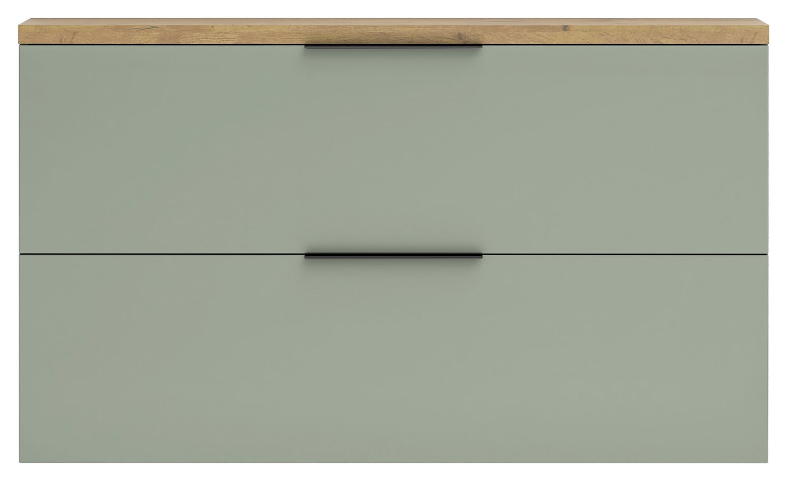 Moderner Hängeschuhschrank in Grün mit Holzoberfläche, Frontansicht