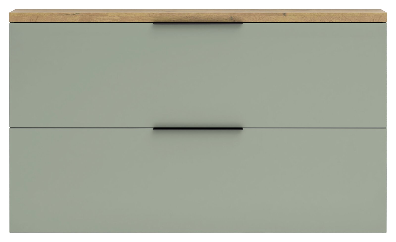 Moderner Hängeschuhschrank in Grün mit Holzoberfläche, Frontansicht