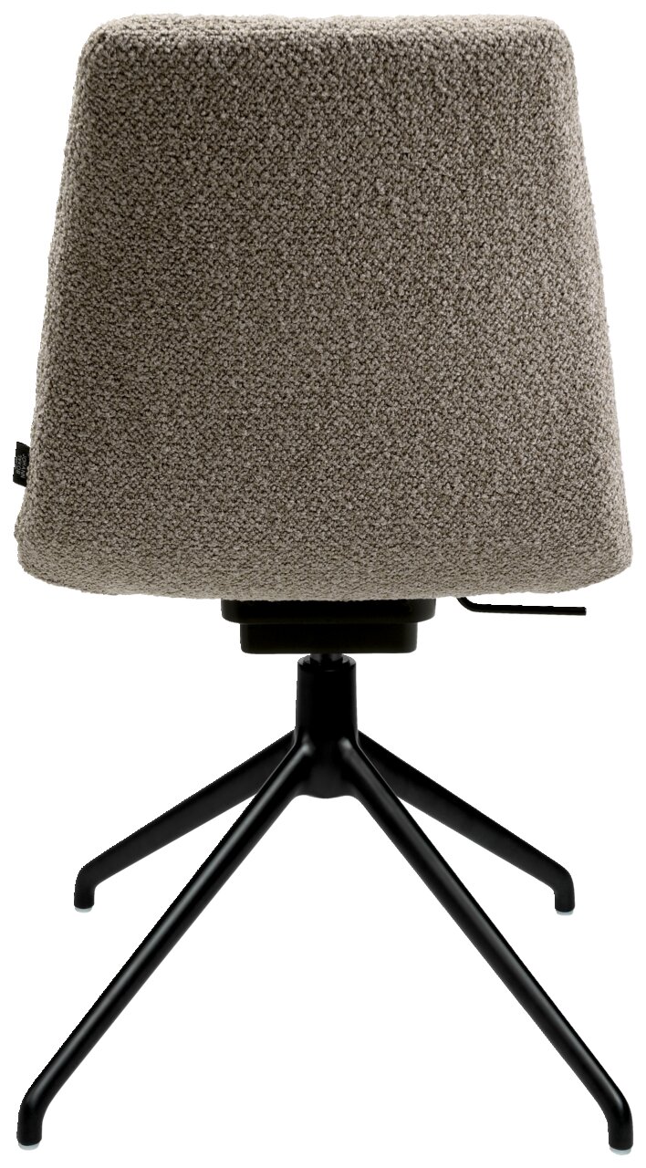 Rückansicht eines modernen Stuhls mit schwarzem Metallgestell und grauem Stoffbezug.