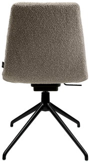 Rückansicht eines modernen Stuhls mit schwarzem Metallgestell und grauem Stoffbezug.