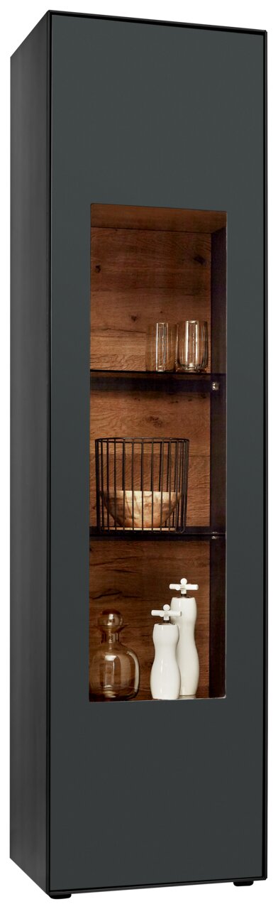 Moderne Vitrine mit dunklem Rahmen und Glasfront, aus seitlicher Perspektive fotografiert. Innen mit Holzböden und dekorativen Elementen wie Gläsern und Keramikflaschen.