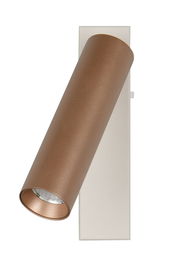 Zylindrischer, bronzefarbener Strahler in seitlicher Perspektive auf rechteckiger Wandhalterung montiert.