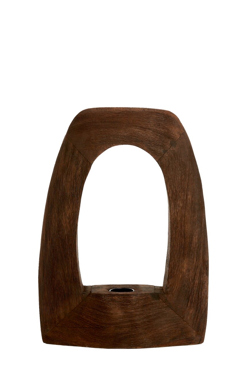 Holzstrukturierte Tischleuchte in moderner, offener Form, Frontalansicht