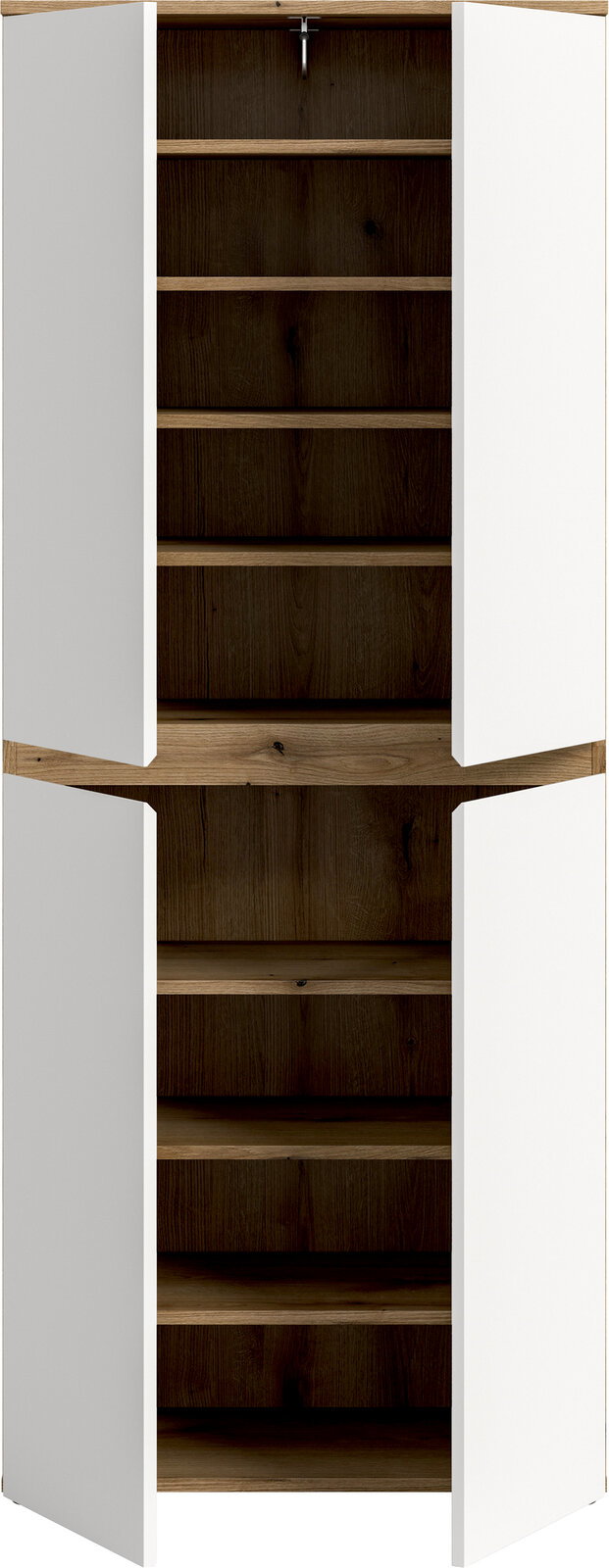 Offener zweitüriger Hochschrank mit weißen Fronten und dunklem Holzkorpus, mehrere Einlegeböden sichtbar, Frontalansicht.