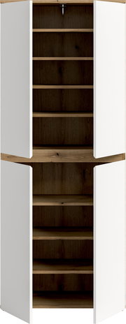 Offener zweitüriger Hochschrank mit weißen Fronten und dunklem Holzkorpus, mehrere Einlegeböden sichtbar, Frontalansicht.