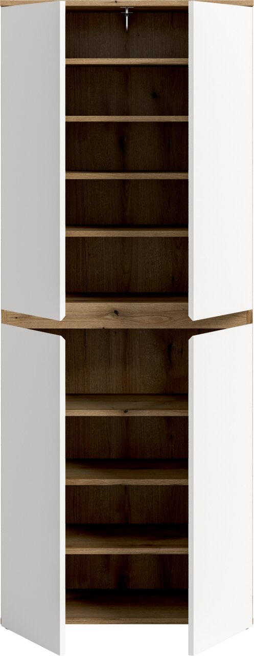 Offener zweitüriger Hochschrank mit weißen Fronten und dunklem Holzkorpus, mehrere Einlegeböden sichtbar, Frontalansicht.