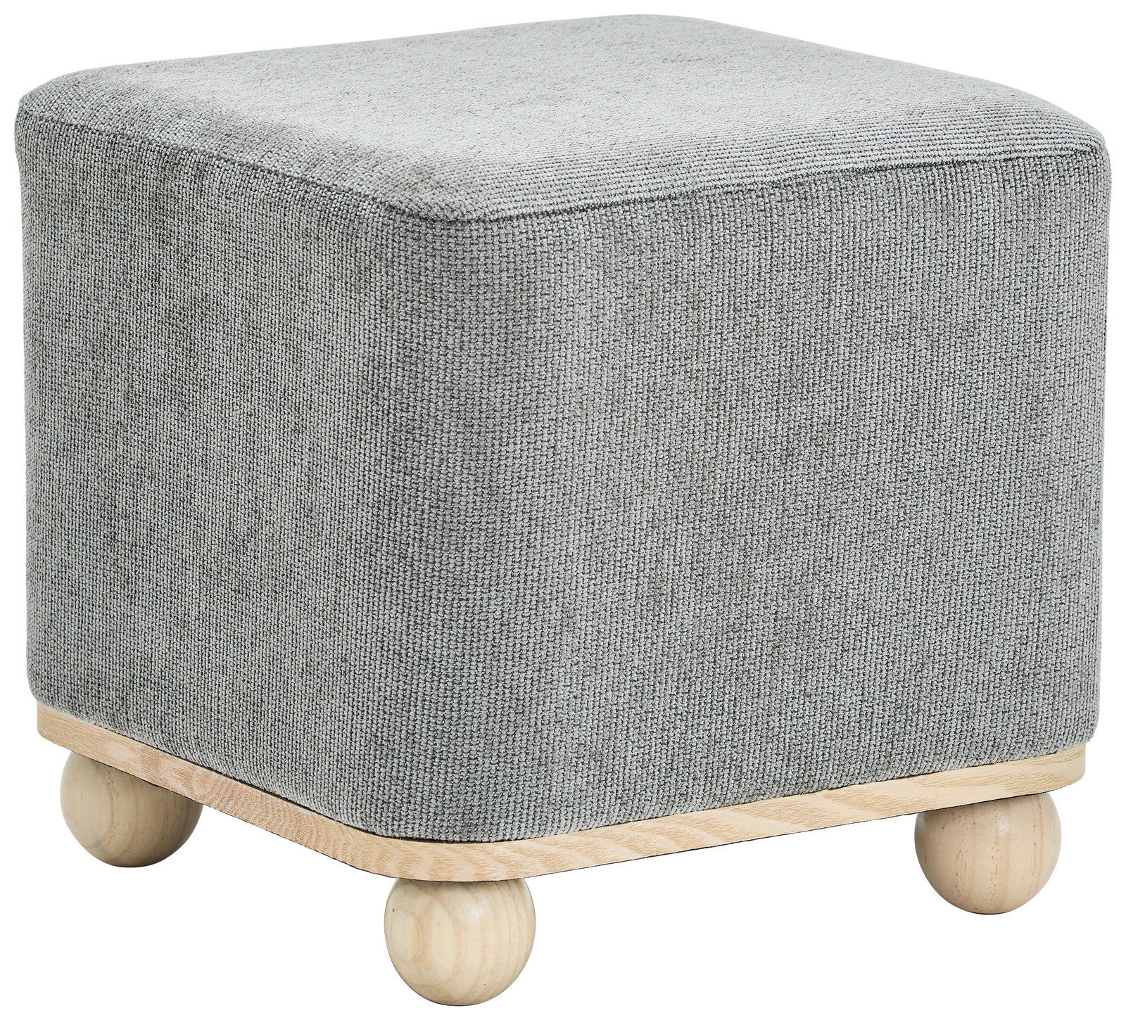 Grauer quadratischer Hocker mit Holzfüßen, seitliche Perspektive