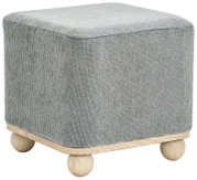 Grauer quadratischer Hocker mit Holzfüßen, seitliche Perspektive