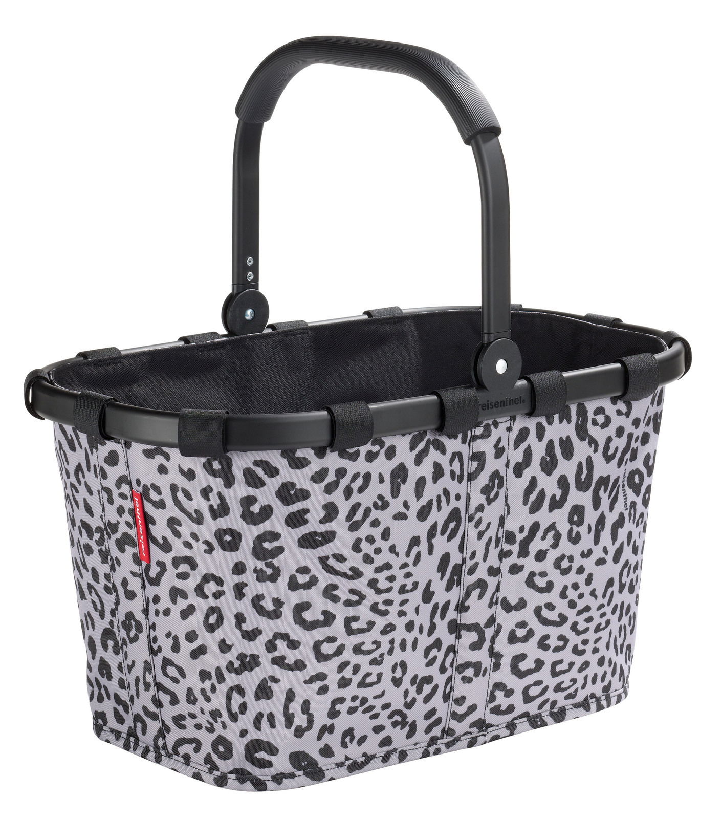 Leopardenmuster-Einkaufskorb mit schwarzem Griff, seitliche Perspektive