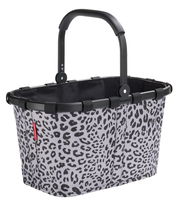 Leopardenmuster-Einkaufskorb mit schwarzem Griff, seitliche Perspektive