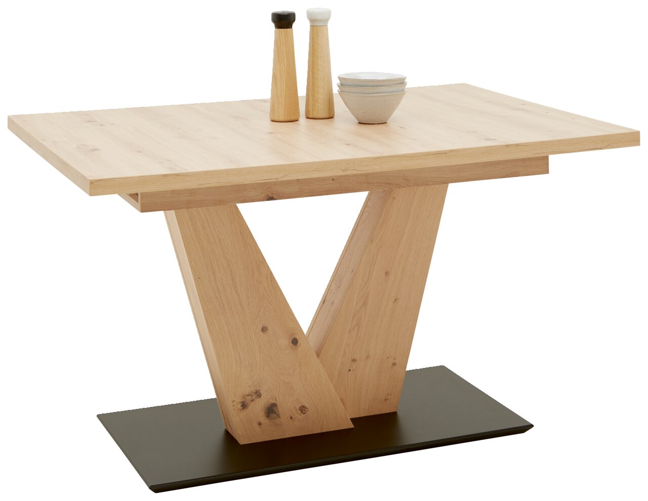 Moderner Esstisch aus hellem Holz mit V-förmigem Fußgestell und schwarzer Bodenplatte, seitliche Perspektive
