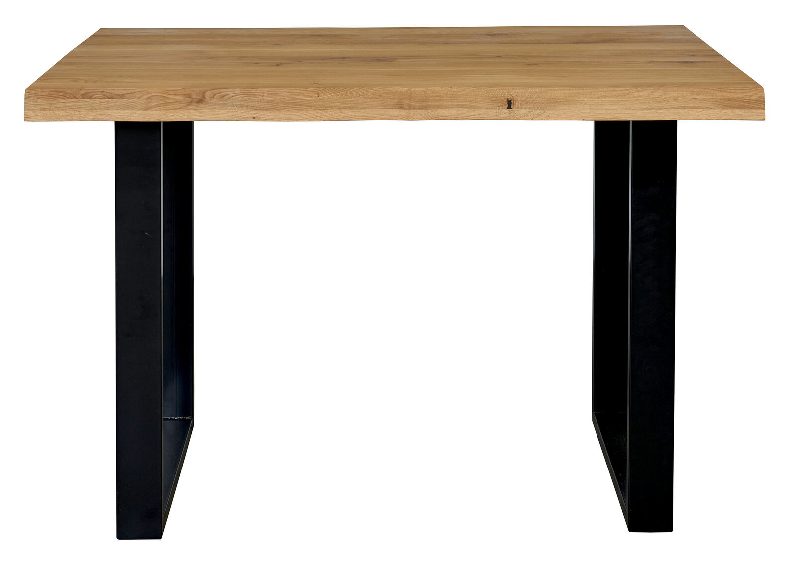 Massiver Holztisch mit naturfarbener Holzplatte und schwarzen Metallkufen, frontale Ansicht auf weißem Hintergrund