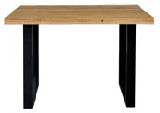 Massiver Holztisch mit naturfarbener Holzplatte und schwarzen Metallkufen, frontale Ansicht auf weißem Hintergrund