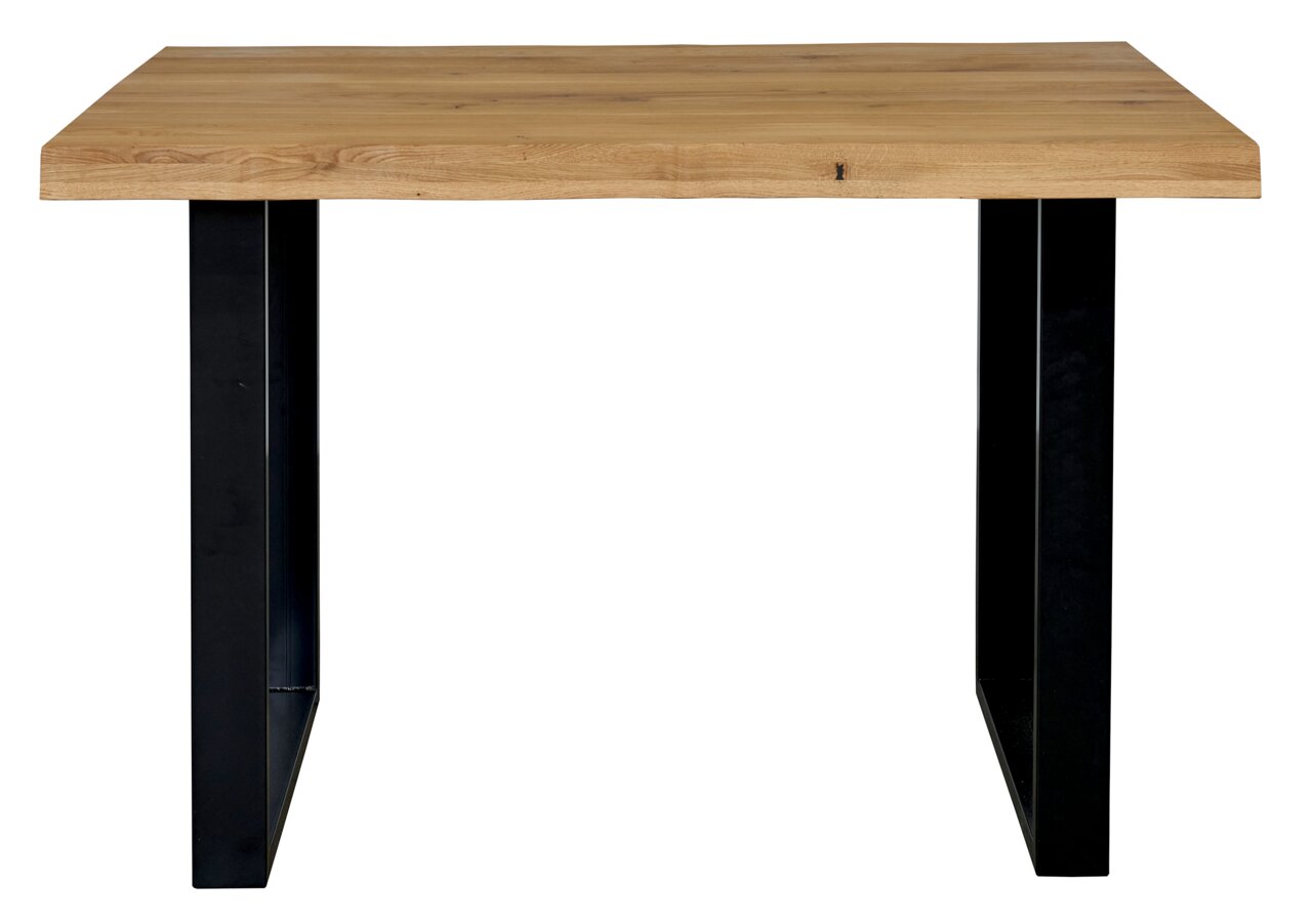 Massiver Holztisch mit naturfarbener Holzplatte und schwarzen Metallkufen, frontale Ansicht auf weißem Hintergrund