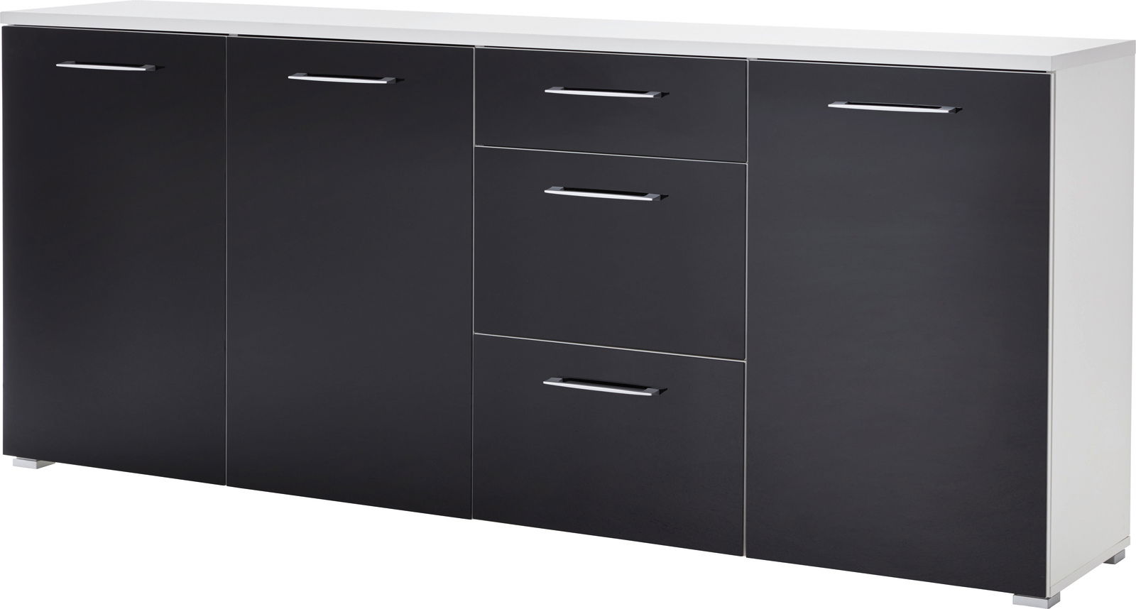 Modernes Sideboard in Schwarz und Weiß mit drei Türen und zwei Schubladen, seitliche Perspektive