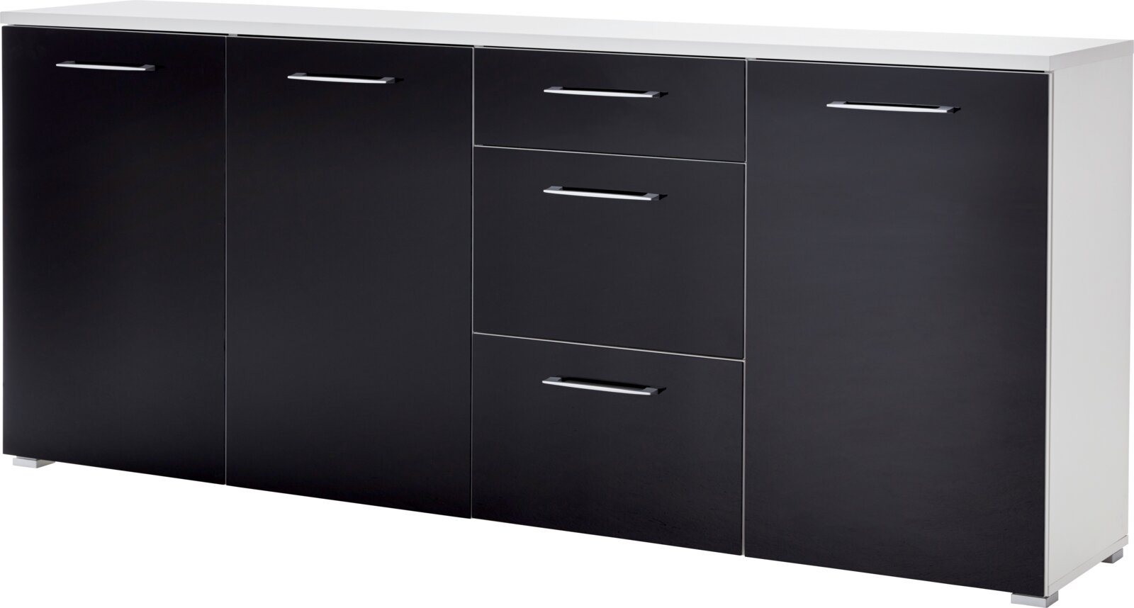 Modernes Sideboard in Schwarz und Weiß mit drei Türen und zwei Schubladen, seitliche Perspektive