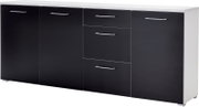 Modernes Sideboard in Schwarz und Weiß mit drei Türen und zwei Schubladen, seitliche Perspektive