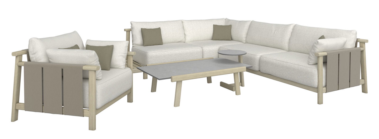 Loungeeckgarnitur in L-Form mit hellen Polstern und Kissen, aus hellem Holz, mit passendem Couchtisch, Perspektive von vorne links.