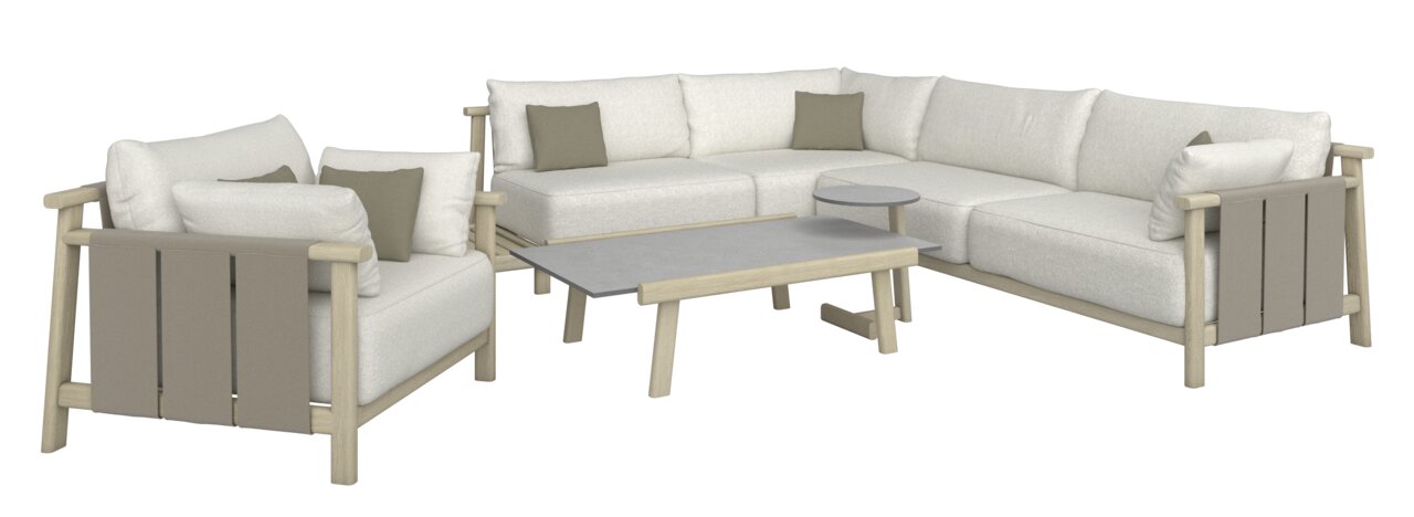 Loungeeckgarnitur in L-Form mit hellen Polstern und Kissen, aus hellem Holz, mit passendem Couchtisch, Perspektive von vorne links.