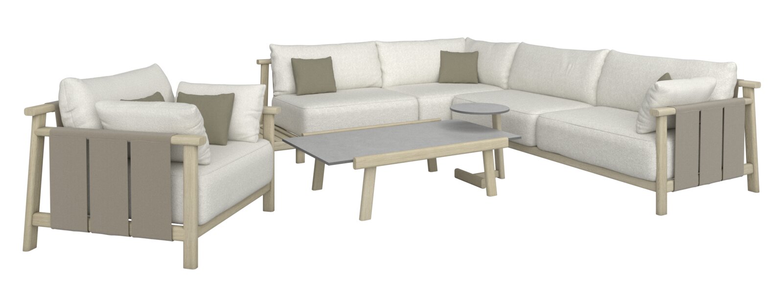 Loungeeckgarnitur in L-Form mit hellen Polstern und Kissen, aus hellem Holz, mit passendem Couchtisch, Perspektive von vorne links.