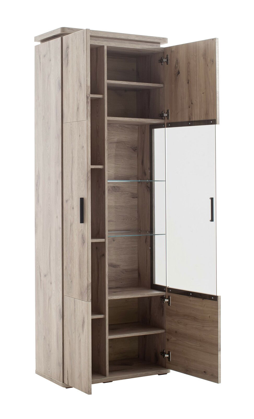 Kombi-Vitrine MODENA aus Holz mit geöffneter Tür, zeigt mehrere Regalböden und eine Glastür, Perspektive von vorne links.