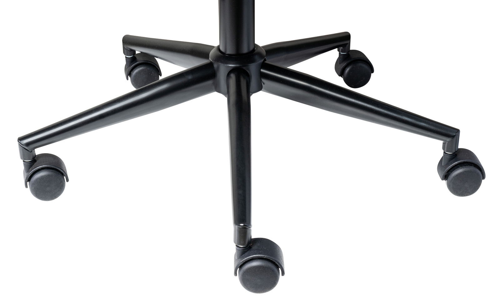 Nahaufnahme der Basis eines Drehstuhls mit fünf schwarzen Rollen, von oben betrachtet.