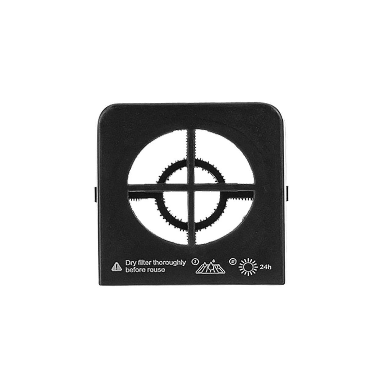 Frontansicht eines quadratischen schwarzen Filters mit kreuzförmigem Gitter und Symbolen zur Trocknungshinweis.
