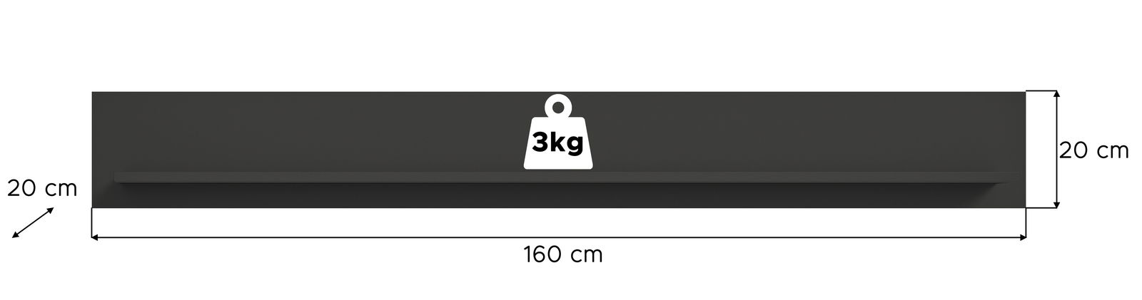 Schwarzes Wandboard mit den Maßen 160 cm Breite und 20 cm Höhe, Belastbarkeit bis 3 kg, frontale Ansicht.