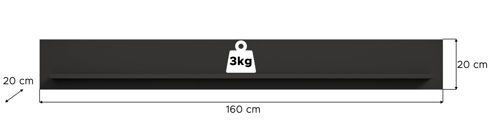 Schwarzes Wandboard mit den Maßen 160 cm Breite und 20 cm Höhe, Belastbarkeit bis 3 kg, frontale Ansicht.