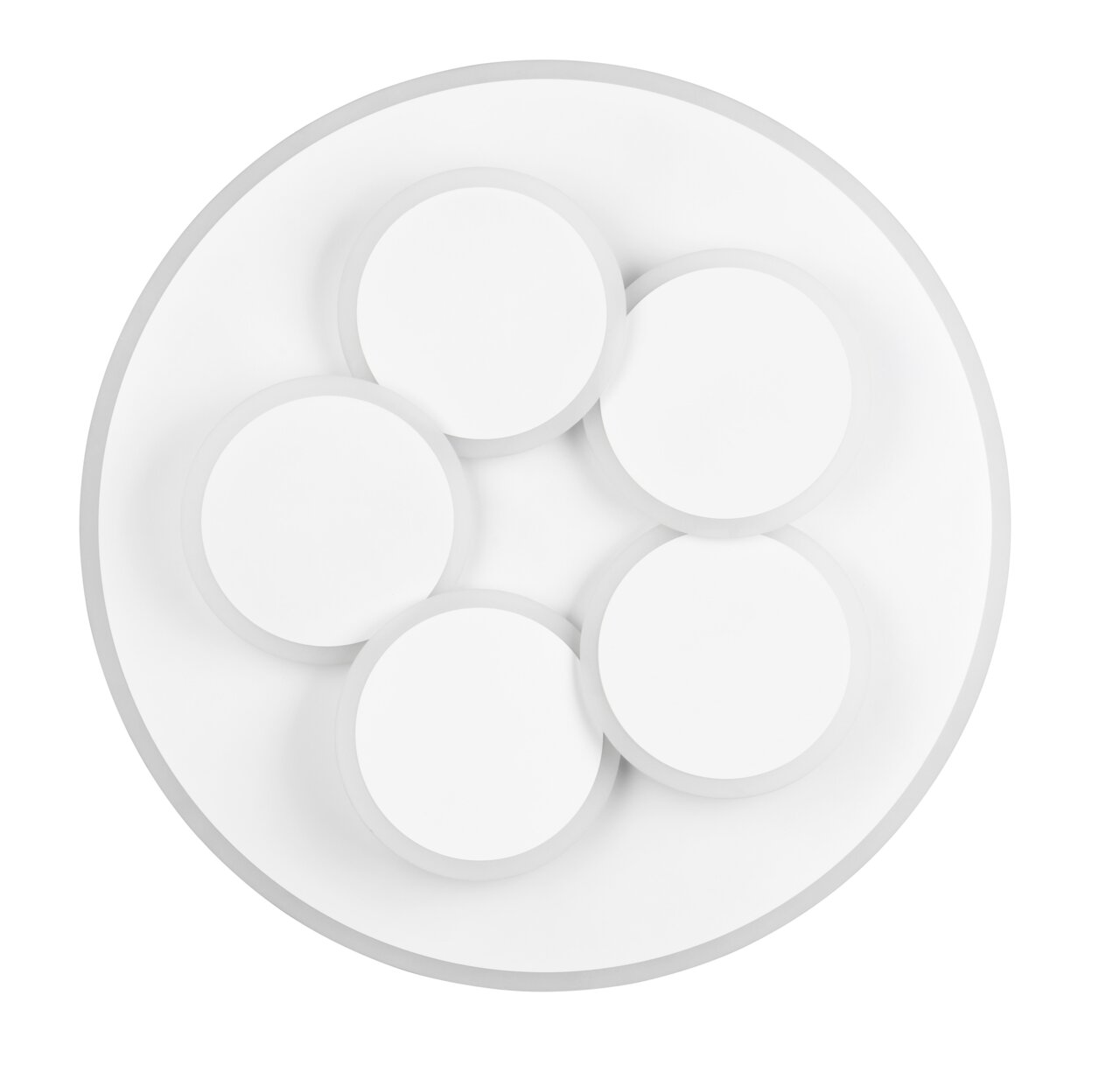 Moderne plafondlamp met vijf ronde, witte elementen, gezien van bovenaf.