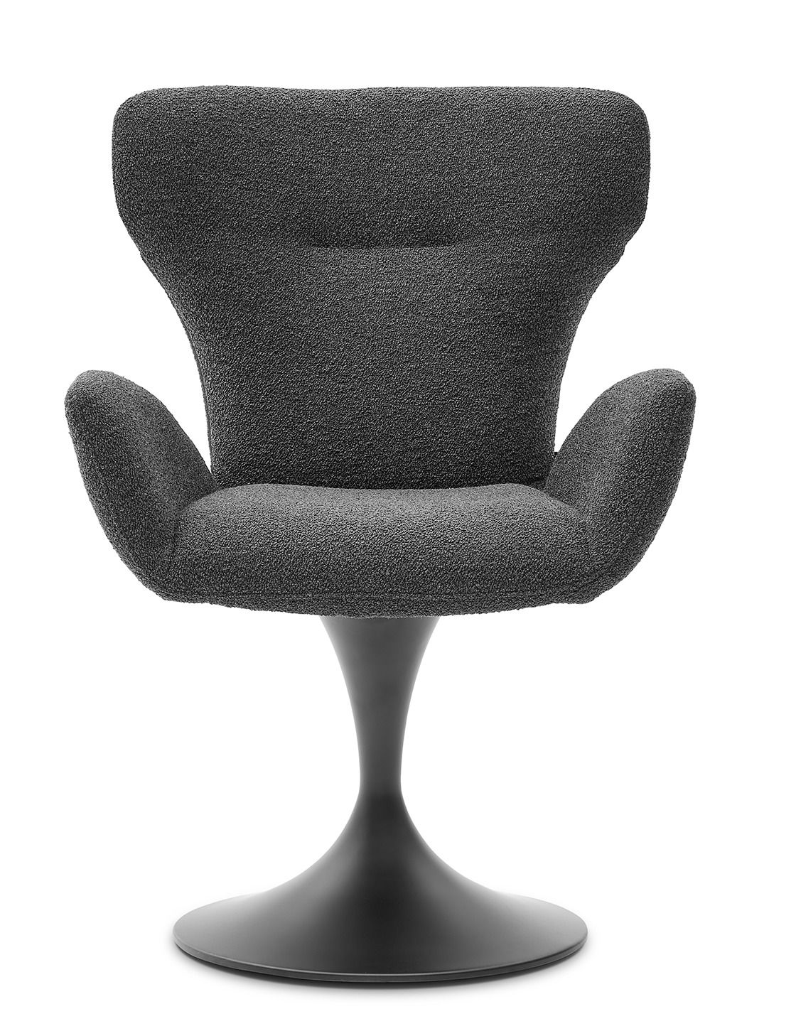 Moderner Armlehnstuhl in dunklem Stoffbezug mit geschwungenem Design, frontal betrachtet.