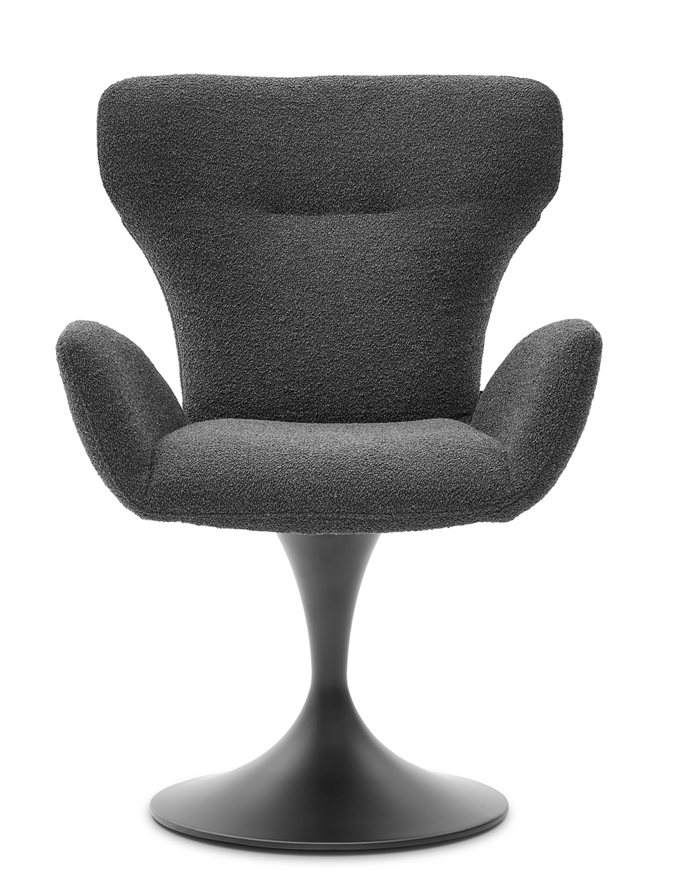 Moderner Armlehnstuhl in dunklem Stoffbezug mit geschwungenem Design, frontal betrachtet.