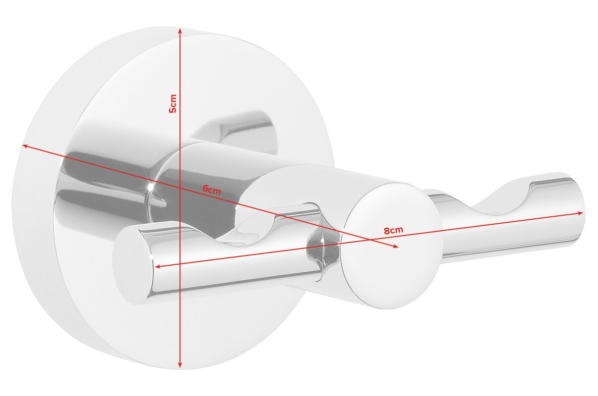 Close-up van een verchroomde dubbele haak met ronde uiteinden, gezien vanaf de zijkant. Afmetingen: 5 cm hoog, 6 cm diep, 8 cm breed.