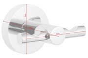 Close-up van een verchroomde dubbele haak met ronde uiteinden, gezien vanaf de zijkant. Afmetingen: 5 cm hoog, 6 cm diep, 8 cm breed.