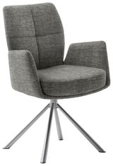 Grauer Sessel mit Armlehnen und Metallbeinen, seitliche Perspektive