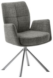 Grauer Sessel mit Armlehnen und Metallbeinen, seitliche Perspektive